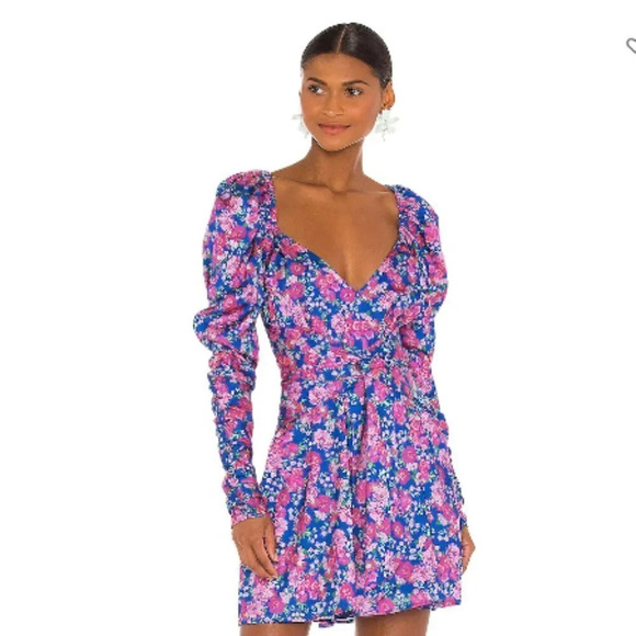 For Love & Lemons Puff Sleeve Open Back Annie Mini Dress Blue  Pink Floral Sz S - Picture 1 of 11